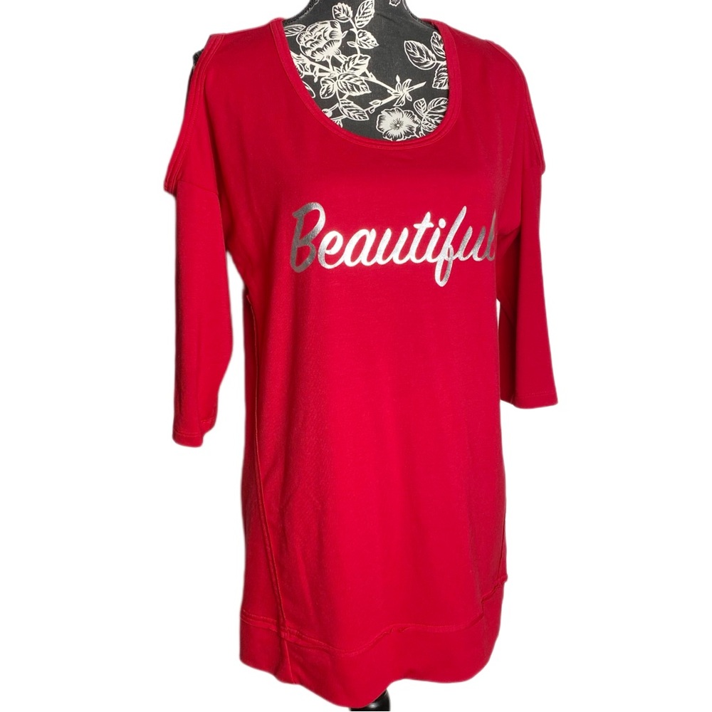 NWOT NY&C Red Cold Shoulder Graphic Tunic Beautiful 3/4 Sleeve Long Top Medium